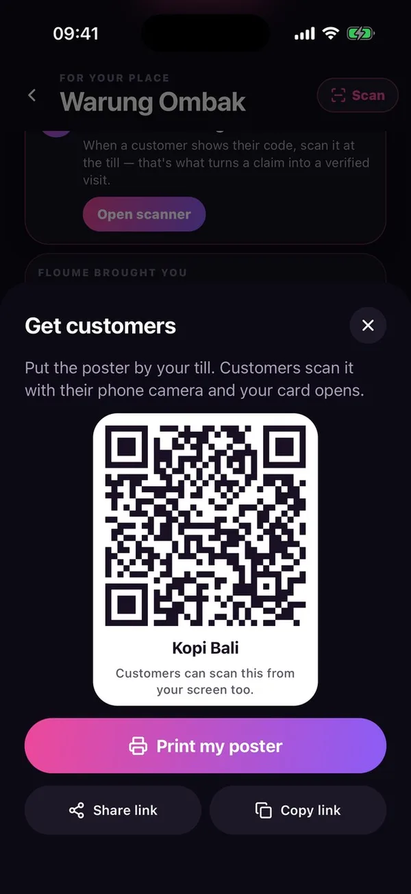 The share screen for a stamp card: a QR code, print my poster, share link