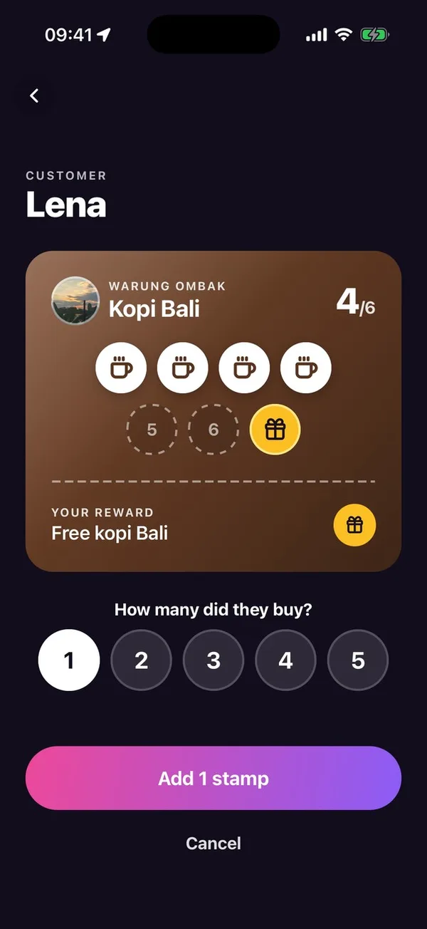 The staff screen: the customer's card and a row of buttons for how many they bought