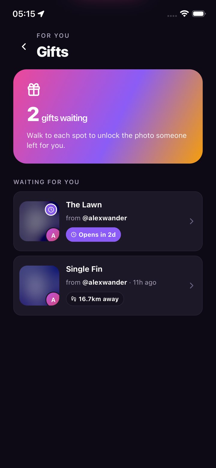 The Gifts screen in FlouMe: two gifts waiting, one opens in 2 days, one 16.7 km away