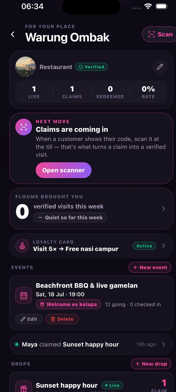 The FlouMe owner dashboard for a café: live drops, claims and redemptions