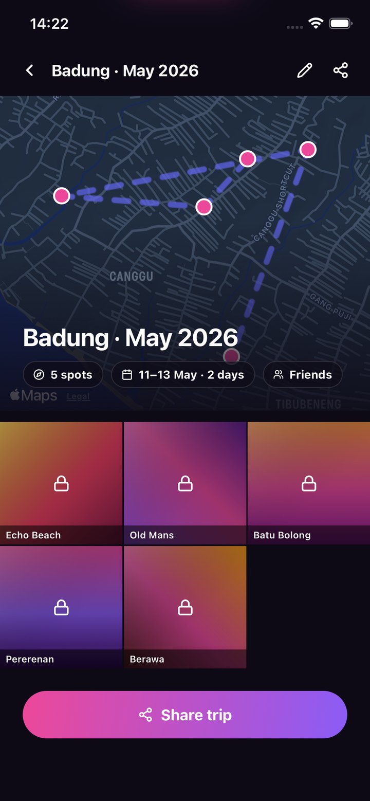 A FlouMe trip: Badung, May 2026, five spots on a map, each photo locked until you get there